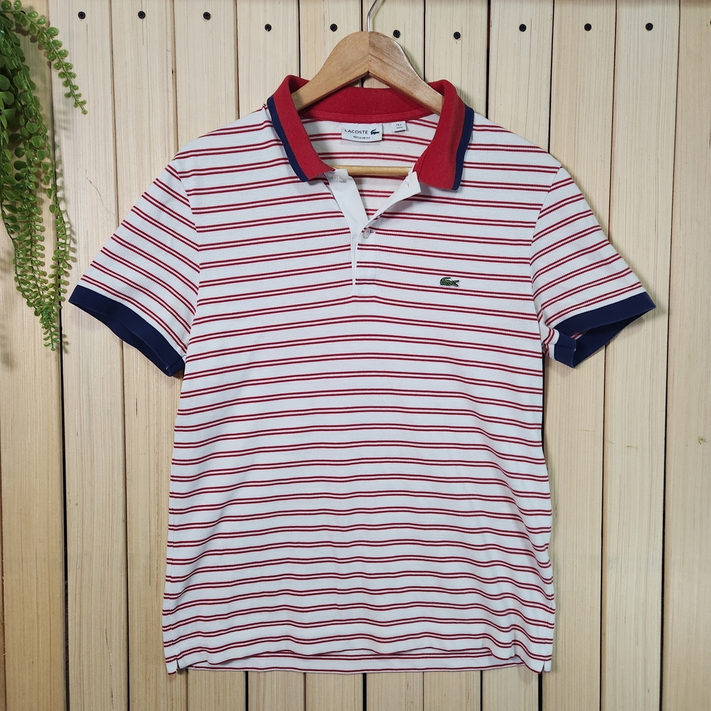 Lacoste Men's Red and White Striped Polo Shirt Size M